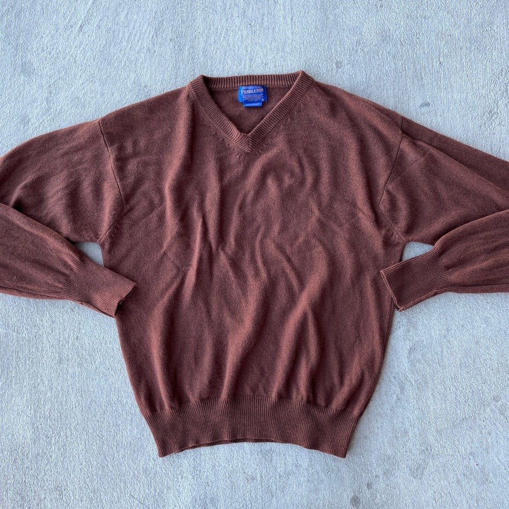Pendleton Mens V Neck Pure Virgin Wool Sweater Brown Size Medium